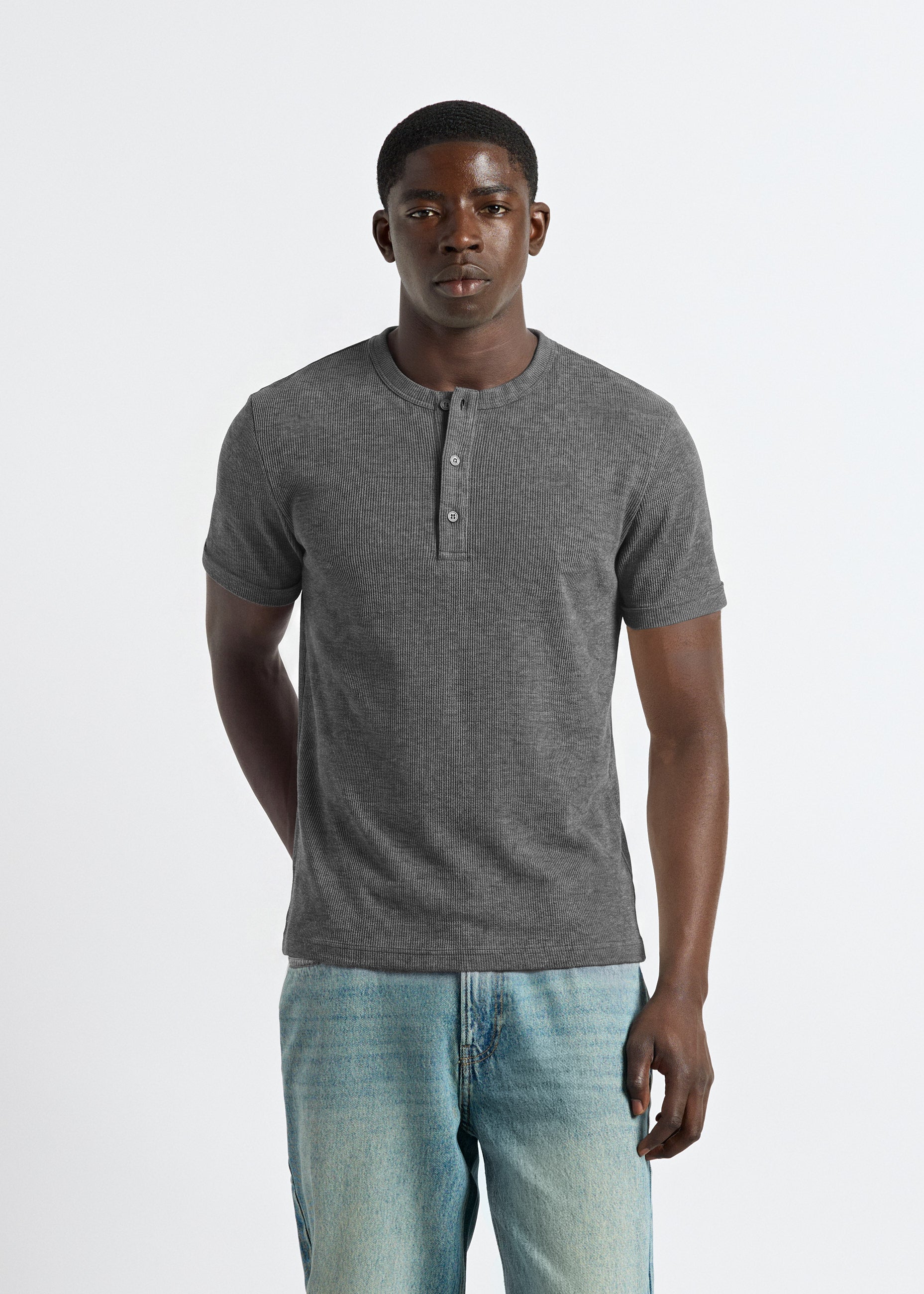 burocs-t-shirts-rib-henley-t-shirt-dark-grey-melange-slim-fit image 4