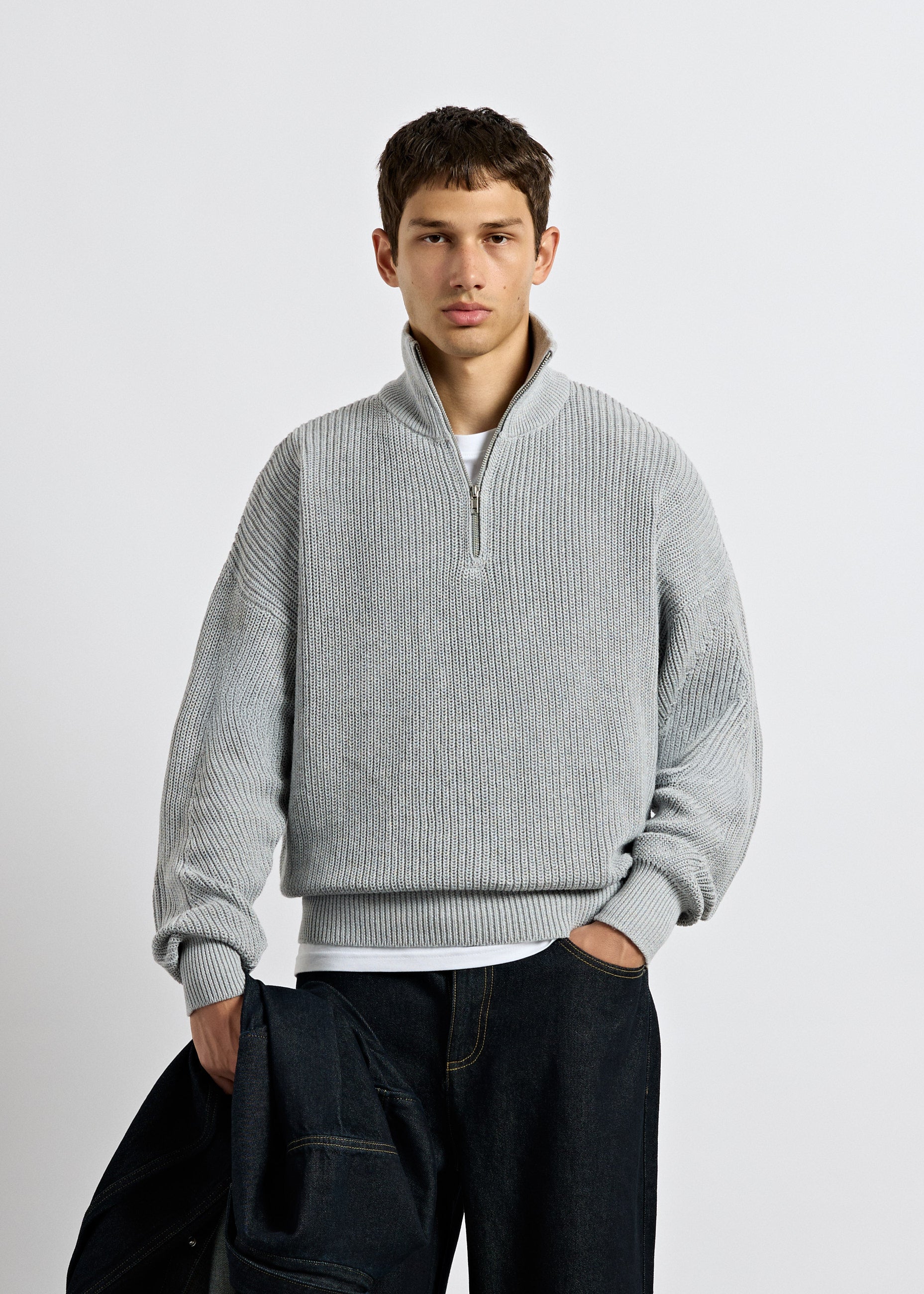 burocs-knitwear-chunky-knit-half-zip-sweater-grey-melange-m image 3